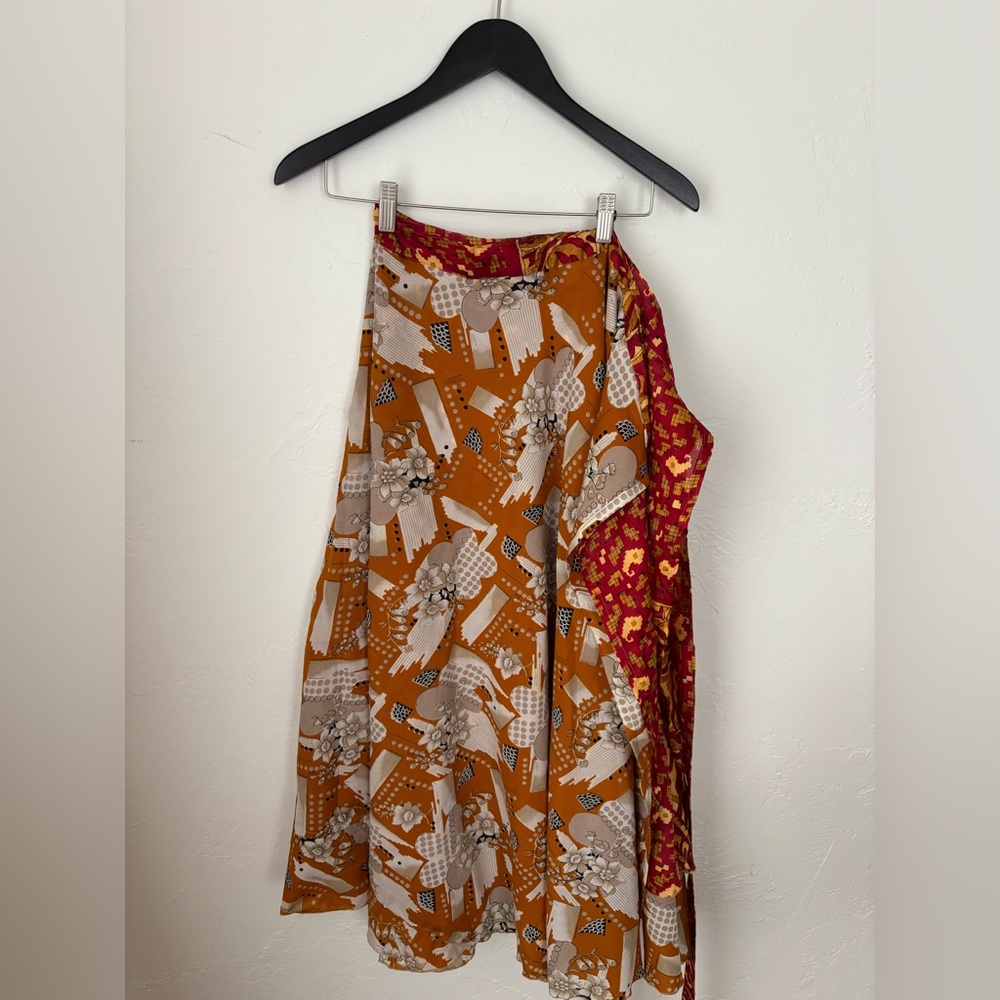 Silk Wrap Skirt • Made in India • Red & Mustard Print